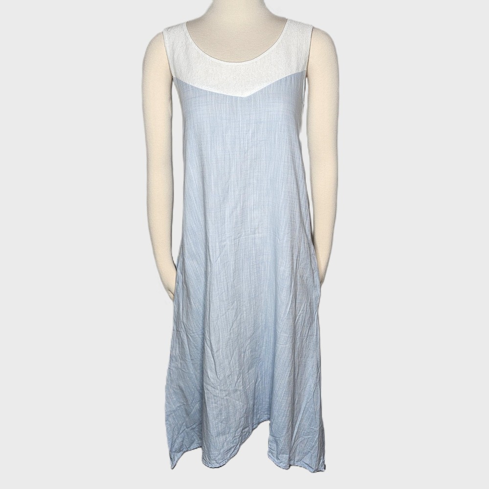 Batik Women Light Blue White 100% Linen Colorblock Sleeveless Midi Dress Size Sm